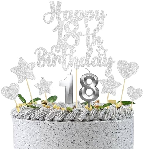 Gyufise 15Pcs Happy 18th Birthday Cake Topper Set with Heart Star Glitter Cheers to 18 Years Cake Picks Number 18 Candles Cake Decorations for Happy 18th Birthday Anniversary Party Supplies Silver