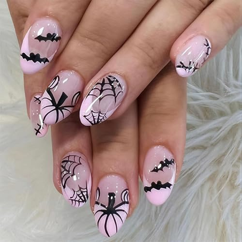 Halloween French Tip False Nails with Cute Bats Design - 24pcs Medium Light Pink Press On Nails Almond - Short Acrylic Fake French Nails Press Ons - Full Cover Glue On Nails Diy