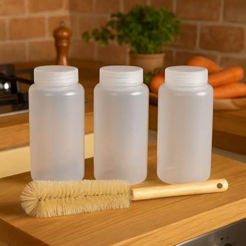 3 botellas de plástico con boca ancha y tapa de rosca -1000 ml- con cepillo de 30 cm, botes herméticos para almacenaje de alimentos, Tupper para líquidos sin BPA. Airtight food containers with lids