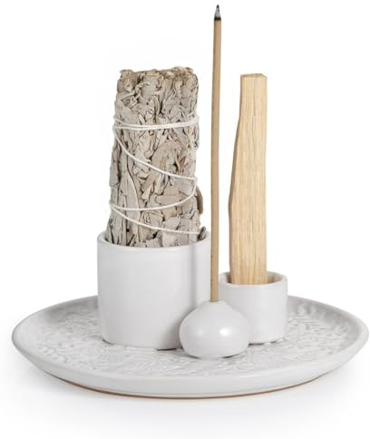 Porta Salvia in Ceramica, Porta Incenso 3 in 1 per Palo Santo e Salvia, Vassoio Artigianale per Cenere da Meditazione (Bianco)