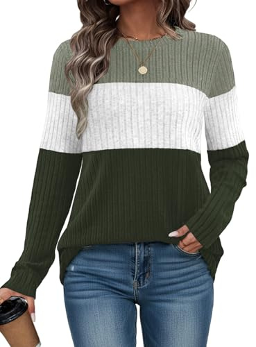 Cuptacc Jersey Mujer Casual Cuello Redondo Manga Larga Sudaderas Termica Bloques De Color Jersey Acanalado Holgada Punto Suéter Verde Claro Blanco Verde Oscuro XL