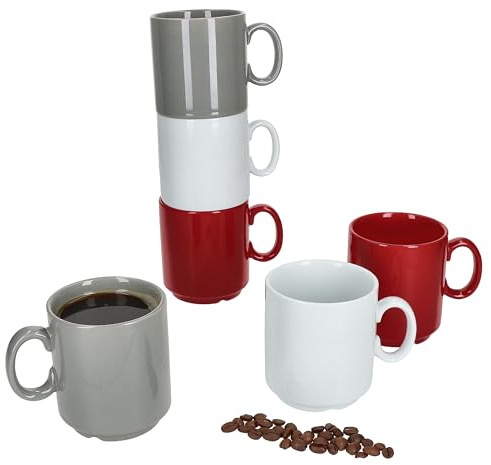 MamboCat Event Trio Lot de 6 tasses à café, 250 ml, grises, rouges et blanches, en porcelaine, avec anse, pour 6 personnes, empilables pour thé, cacao, latte macchiato, etc