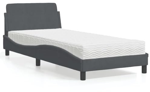 Ordellia Dover Sängklädselsäng med madrass, mörkgrå sammet, 90 x 190 cm, vågformad design, sovrumsmöbler, komfort-skummadrass H2/H3
