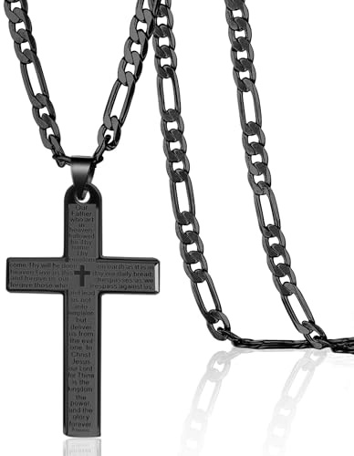 Kessofera Kreuz Kette Herren, 5MM Figaro Silberkette Herren, 60CM Edelstahl Kreuzkette, Christlicher Gebetskruzifix Anhänger, Halsketten Schmuck Geschenk für Mann Freund Papa Sohn Weihnachten Ostern