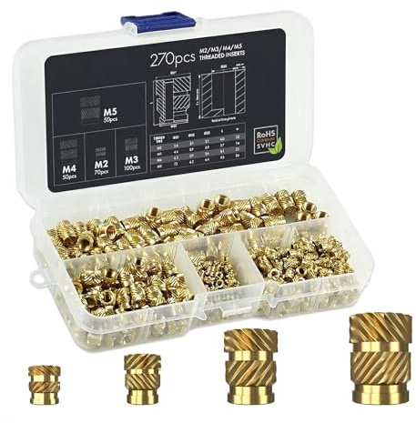 Carehabi Inserts filetés M2 + M3 + M4 + M5 Boîte d'assortiment - 70 + 100 + 50 + 50 douilles filetées en laiton - Pour fondre un manchon fileté dans des pièces d'impression 3D en plastique