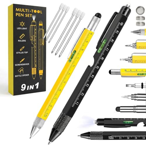 Multi Tool Pen 9-in-1 with Refills — GiftGem Multitool Pen Gifts for Dad, LED Torch Ruler Spirit Level Screwdriver Stylus, Camping Knives & Tools, Mens Valentines Day Gifts Birthday Presents for Men