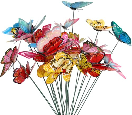 Pinmxaex Juego de 50 Estacas de Jardín – Mariposas, Libélulas y Mariquitas en PVC Impermeable, Adornos Coloridos de 7 cm para Patio, Maceta y Decoración Exterior