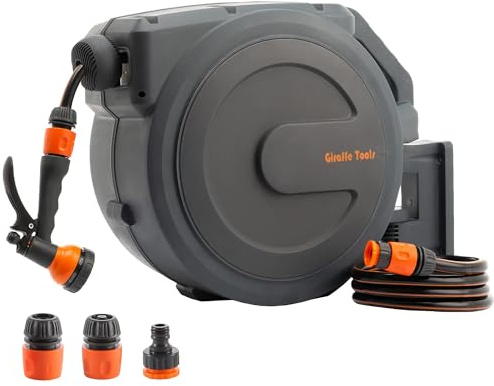 Giraffe Tools Retractable Hose Reel 30M Wall Mounted, Garden Grey | 180° Swivel Bracket,Any Length Lock,Auto Rewind System,7 Spray Patterns,Hose Pipe,For Garden & Car Wash