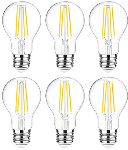 Ascher 60 Watt Equivalent, E26 LED Filament Light Bulbs, Daylight White 4000K, Non-Dimmable, Classic Clear Glass, A19 LED Light Bulb with 80 CRI, Pack of 6
