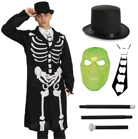 Costume de squelette James Bone pour homme + cravate + chapeau haut + masque phosphorescent – Dia de Los Muertos (Jour des morts)