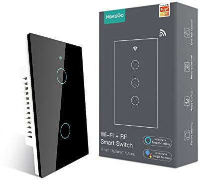 MoesGo WiFi Smart Wall Light Switch,Glass Panel, Multi-Control(3 Way), 2.4GHz Wi-Fi Touch Switches, Neutral Wire Required, Remote Control Smart Life/Tuya App, Work with Alexa, Google Home Black 2 Gang