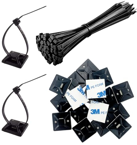 Klein Klebesockel Kabel Halterungen Selbstklebend und Kabelbinder UV Beständig Jede 100 Stück,Kabelclips Halter Montage Befestigungen Basishalter 20 x 20 mm Halterung für Heim Büro Schwarz