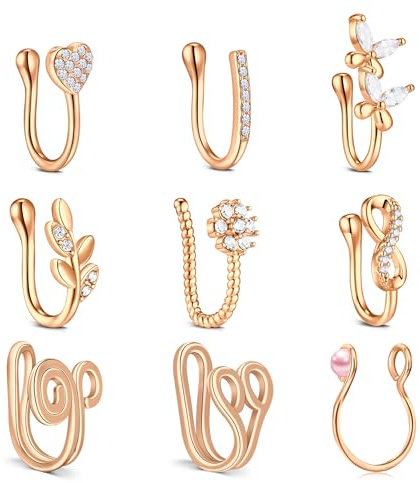 D.Bella Fake Septum, 9 Stück, Nasenpiercing, Edelstahl, Septum, nicht gepierct, Nasenring, Septum, Fake CZ, kein Schmuck, Piercing für Damen und Herren