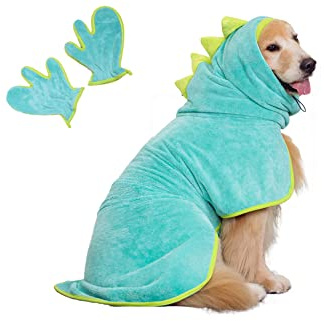 Pawyee Super Soft Fast-Drying Dog Towel Set for Cold Weather, Beach, Pool - Adjustable Microfiber Bath Robe with Drying Gloves for Cats and Dogs (L, Blue Dino)