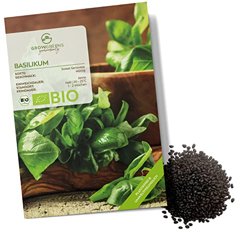 BIO Basilikum Samen Sweet Genovese - Küchenkräuter Saatgut aus biologischem Anbau ideal für den heimischen Kräutergarten, Balkon & Garten (400 Korn)