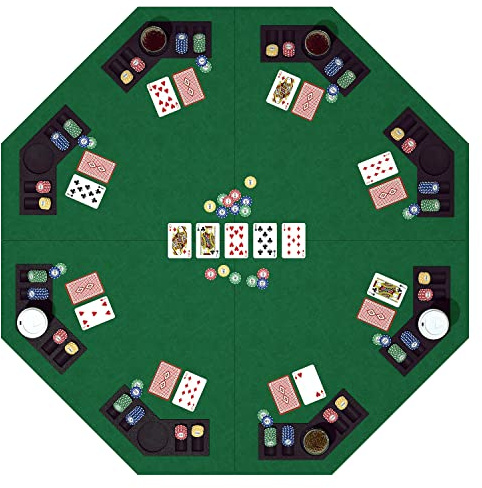 48 tums hopfällbar pokerbordsskiva för 8 spelare, oktagon pokerbordsdekoration med chipsfack och mugghållare, professionell Texas Hold'em pokerbordsmatta med bärväska för kortkasinospel (grön)