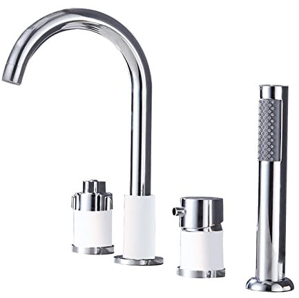 4-Loch Wannenrandarmatur Badewannenarmatur Thermostat 4-Loch Wannenbatterie Armatur für Die Badewannen Wannenrand Badewanne Armatur Set Chrom+Weiß, Thermostatschalter