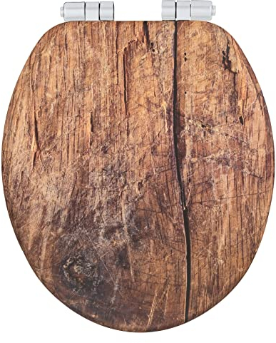 WENKO WC-Sitz Rustic, Toilettensitz aus FSC-zertifiziertem MDF mit Easy-Close Absenkautomatik und Fix-Clip Hygienebefestigung, 35,5 x 42,5 cm, foliert und feuchtigkeitsresistent, Holz-Optik in Braun