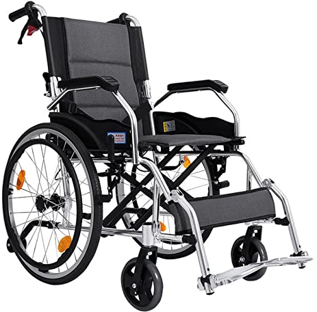 Faltbar Leicht Rollstuhl für Behinderte und ältere Menschen, Ultraleichter Reiserollstuhl mit Trommelbremse, Rollstühle mit Selbstantrieb, Einstellbares Fußstützen, 12 kg,Grau