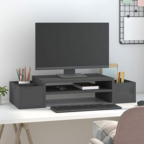 Tidyard Monitorständer Holz, Bildschirmständer Höhenverstellbarer Ergonomischem für Monitor, Laptop, Grau 70x27,5x15 cm Massivholz Kiefer