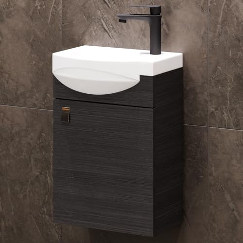 Planetmöbel Badmöbel Set Waschtisch mit Unterschrank 40 x 60 x 29 cm | Waschtischarmatur schwarz für Badezimmer, Gäste WC & Bad, Anthrazit