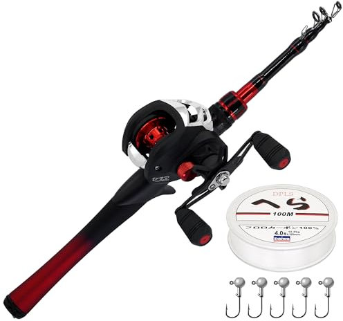 Kilitn Angelrute und Rolle Combo, Baitcasting Combo Baitcast Reel 1.5M Langlebige Fiberglas-Teleskoprute mit Angelschnur Full Kits Komfortabler Griff (Rechts)