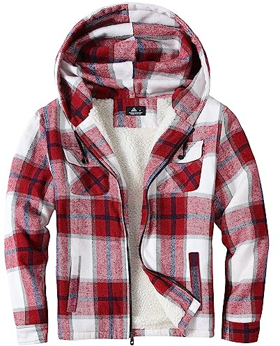 SwissWell Hombres Camisa Chaqueta Cuadros de Franela a Cuadros Gruesos Forro Felpa Casual Forrado Hombres Sudadera Capucha Chaqueta Invierno con Bolsillos(Red White-2XL)