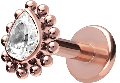 PIERCINGLINE Titan Labret mit Push Fit KRISTALLTROPFEN + KUGELN Piercing Ohr Helix Conch Tragus Roségoldfarben 1,2x7 mm