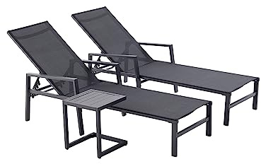 CONCEPT USINE - Lot de 2 Transats Ajustables accoudoirs + Table d'Appoint | Bain De Soleil Chaise Longue | Bari Noir | Aluminium Textilène | Réglable 6 Positions | Jardin Terrasse Plage Piscine