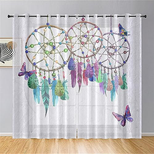 ENEN Vorhänge Wohnzimmer, Gardinen mit Ösen, Halbtransparent Gardinen Wohnzimmer - Schlaufenschal 2er Set für Kleine Fenster Küche Wohnzimmer Landhaus (132x244cm,Schmetterling)