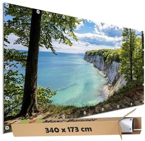 TRIOSK Sichtschutz Garten Dekoration Plane groß mit Ostsee Motiv Kreidefelsen Rügen Motivbanner blickdicht für Terrasse Zaun Gartenzaun Gartenposter PVC Zaunblende 340x173 cm