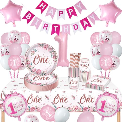 Décoration Anniversaire 1 an Fille, Ensemble de Vaisselle de Fête pour 1er Anniversaire Fille, avec Ballons, Assiettes en Carton, Serviettes, Nappe pour 1 an, 16 Invités