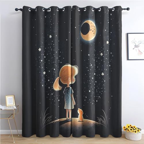 EXSANLIEAY Verdunklungsvorhänge Cartoon-Illustration, Vorhang Blickdicht Nachthimmel Vorhänge mit öSen 2er Set für Schlafzimmer Kinderzimmer, Deko Gardinen Wohnzimmer-260 x 140 cm (H X B)