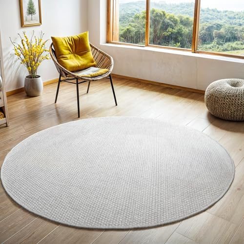 MY-RUG Wollteppich Rund 100 cm - Handgewebter Naturteppich aus Schurwolle | WoolHeaven Natur Weiß - Boho Wohnzimmer Teppich - Wendbar, Pflegeleicht, Nachhaltig & für Fußbodenheizung geeignet