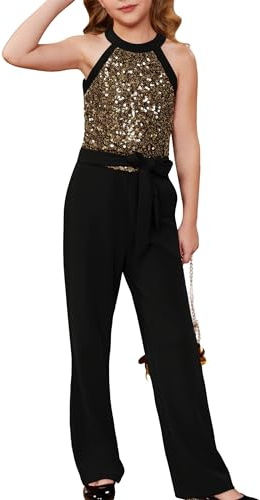 GRACE KARIN Lässiger Ärmelloser Jumpsuit für Mädchen Einteiliger Strampler mit Taschen Rundhals-Bodysuit mit Gürtel Schwarz 8-10 Jahre