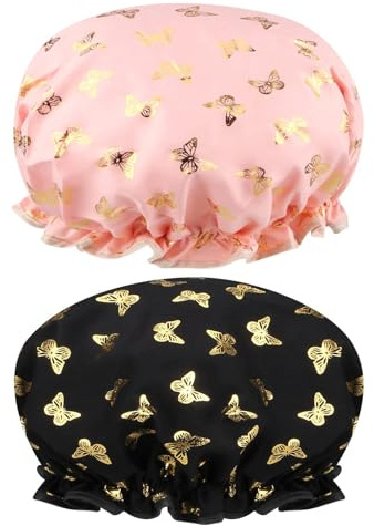 JYTDBCS 2 PCS Shower Cap Elastic Band Waterproof Bath Caps Double Layers Reusable With Ruffled Edge Covering Ears for Girls and Women