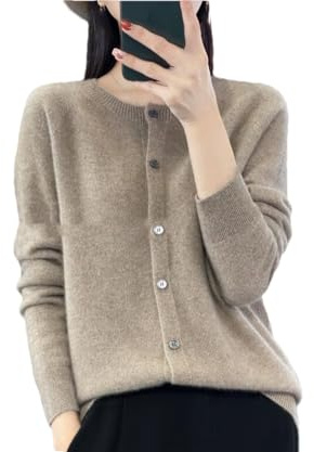 Suvoiier Maglioni in Lana per Donna, Cardigan in Cashmere, Primavera Autunno, Donna, Collo a O, Maglieria, Top Basic, Cappotto, Maglione a Maglia, Marrone e grigio., XXL