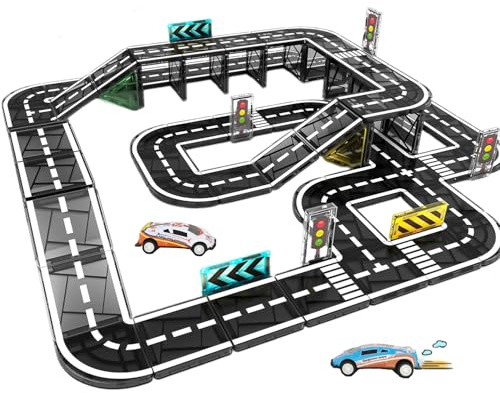 Magnetic Tiles Road Set, 52PCS Magnet Tiles with Pullback Car for Toddler Kids Toys, Magnet Blocks for Preschool STEM Building Toy, Montessori Toys Birthday Christmas Gifting for 3-5 5-8 Boys & Girls