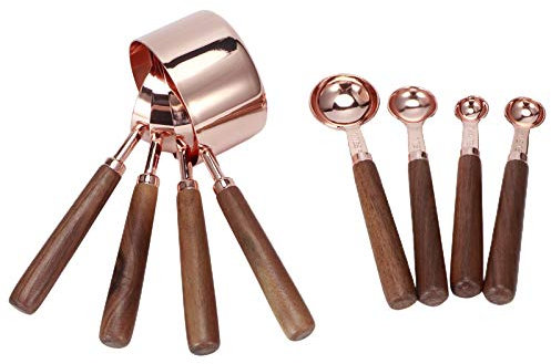 Rose Gold Stainless Steel Measuring Spoon Set Wood Handles Kitchen Baking Accessory