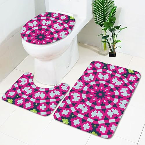 Bad Teppiche Set Rose Red Geometrie Badezimmerteppich Waschbar WC Vorleger mit Ausschnitt und WC Deckelbezug 3 Teilig Badematte rutschfest Toilettensitzbezug Badgarnitur 50x80 cm