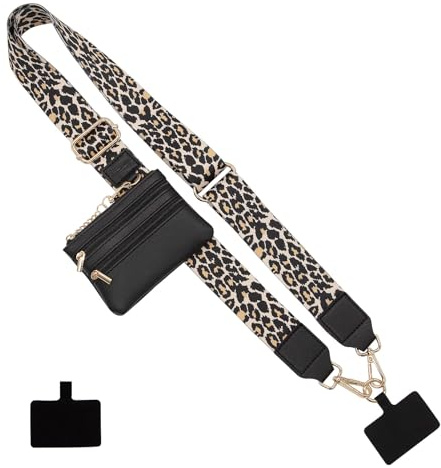 Long Keeper Phone Strap Crossbody with Zipper Wallet Adjustable Universal Cellphone Lanyards Anti Theft Phone Neck Lanyard Wide Replacement Purse Strap (Leopard)