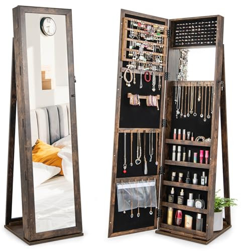 GOPLUS Schmuckschrank mit Spiegel, Spiegelschrank stehend mit großem Stauraum, Lagerregalen und Umkippschutz, Standspiegel Schmuck Organizer abschließbar für Schlafzimmer Wohnzimmer (Braun)