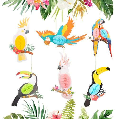 Uccelli Tropicali Decorazioni 6 Pezzi Hawaiano Pappagallo Appeso Turbinio Decorazioni da Appendere de Ritagli di Carta a Nido D'ape per Bambini Compleanno