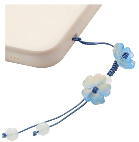Handmade Cute Cherry Blossom Beads Phone Lanyard, Kawaii Braided Flower Mobile Phone Lanyard, Cute Glass Bead Charm, Key Chain, Bag Charm (Blue)