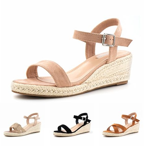 Hitmars Sandalias Mujer Plataforma Cuña Sandalias Verano Espadrilles Zapatos 6 CM Tacón Alpargatas de Cuña Moda con Hebilla Beige EU 37
