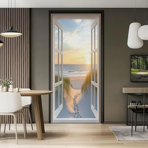 3D Türaufkleber 90 x 200 cm Landschaft Fenster Strand Dünen Selbstklebend Wasserdicht Abnehmbar Türfolie Türposter Fototapete für Wohnzimmer Schlafzimmer Küche Bad Dekoration, PVC, Creme