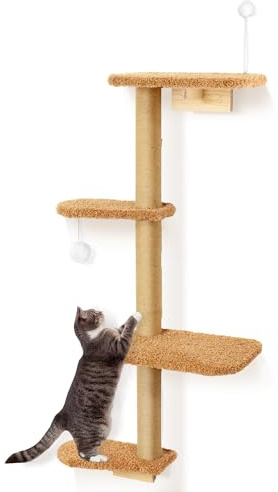 Árbol rascador montado en la pared, 125 cm, 4 niveles de madera natural con suave tela de felpa marrón, rascador para gatos para escalada, rascar y jugar