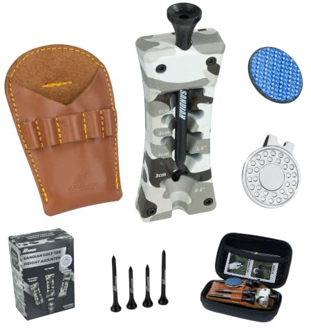 SANDIAN, All-in-1 Value Pak, Golf Tee Height Adjuster Setter, Divot Tool, Genuine Carbon Fiber T300 Made Pitchfork, Super Light, T800 Ball Marker, Hat Clip, Tees, Leather Holster