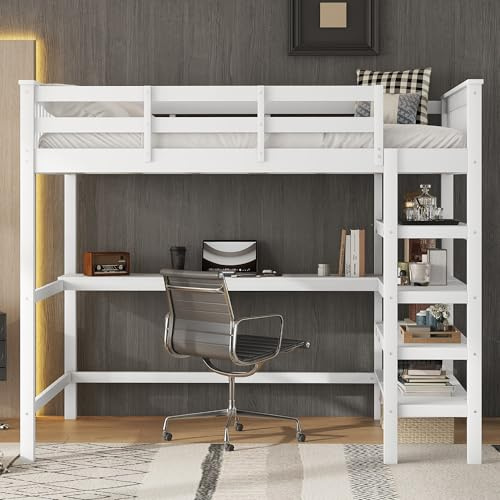 Cama alta con escritorio y estantería de almacenamiento, 140 x 200 cm, marco de cama infantil con somier de láminas y protección contra caídas, ahorra espacio, litera de madera de pino, cama funcional