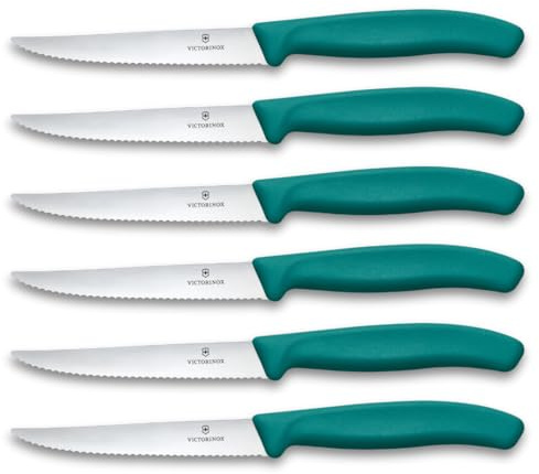 Victorinox Swiss Classic Lot de couteaux à steak et pizza pour pros, 6 pièces, Couteaux de table, Dentés, Tranchants, 11 cm, Poignées plastique solides, Vert